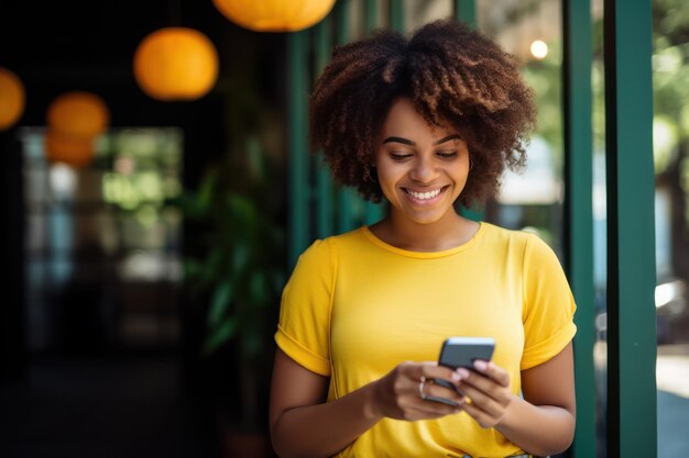 Une femme envoie un texto sur son smartphone à la maison.