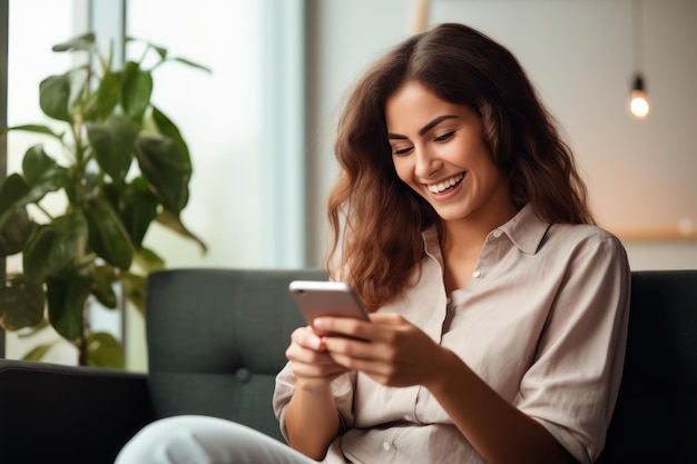 Une femme envoie un texto sur son smartphone à la maison.