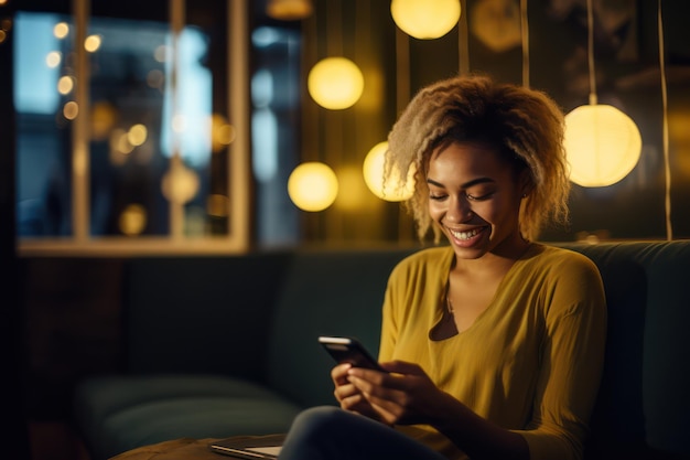 Une femme envoie un texto sur son smartphone à la maison.