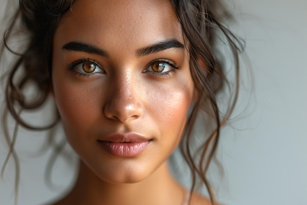 Une femme époustouflante avec des soins faciaux impeccables un modèle indien radiant avec un maquillage des yeux impeccable isolé sur blanc traitement de spa pour les femmes beauté rajeunissement lifting du visage et cosmétiques de remplissage