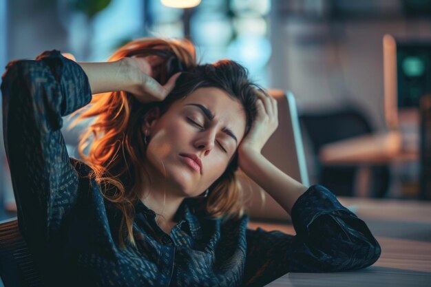 Une femme épuisée se détend à son bureau, profonde dans ses pensées.