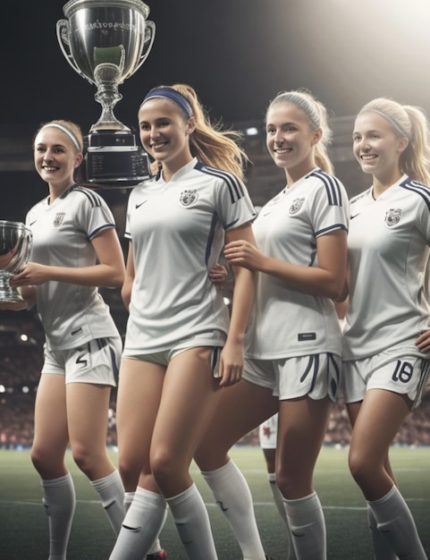 Photo femme équipe de football sourire célèbre la victoire