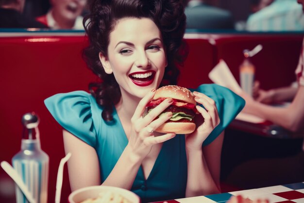 Femme espiègle appréciant un hamburger et des frites dans un restaurant des années 1950