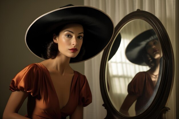 Une femme essayant un chapeau à large bord devant un miroir