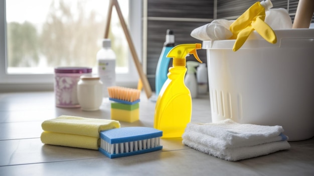 Une femme essuyant une baignoire avec une éponge et un nettoyant