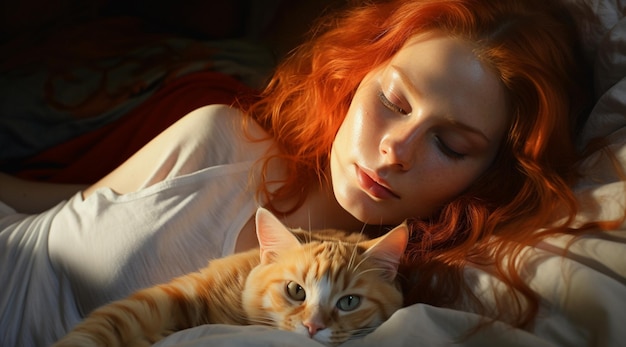 une femme est allongée au lit avec un chat.