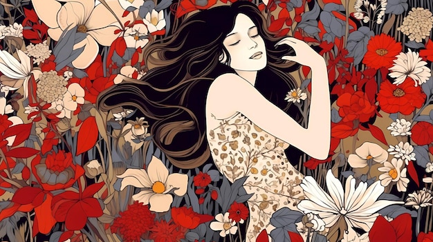 Une femme est allongée dans un parterre de fleurs, les yeux fermés.