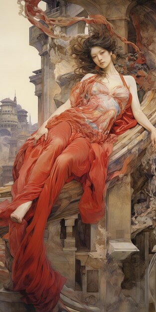 Photo une femme est allongée sur un rebord avec une robe rouge dessus