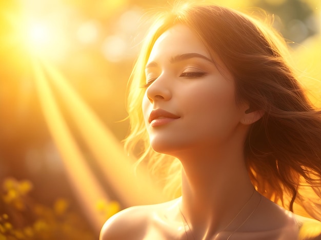 Une femme est apaisante au soleil avec fond naturel