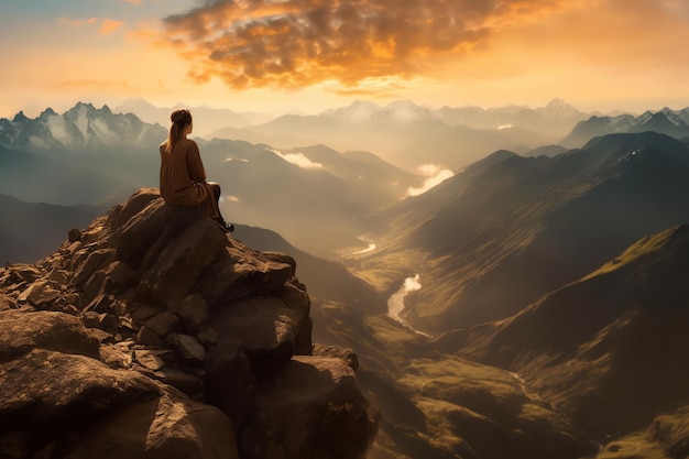 Une femme est assise au sommet d'une montagne et regarde une vallée avec des montagnes en arrière-plan.