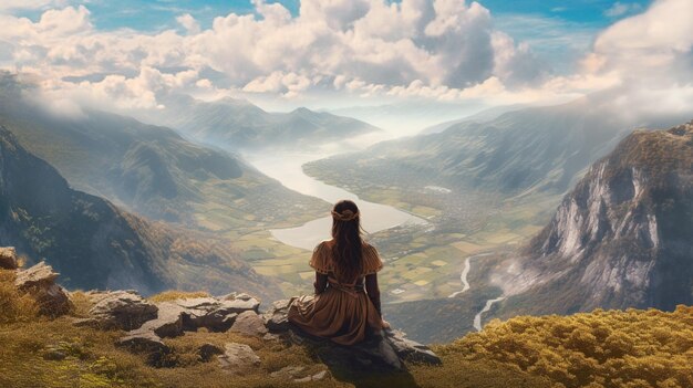 Une femme est assise au sommet d'une montagne et regarde une vallée.