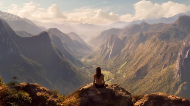 Une femme est assise au sommet d'une montagne et regarde une vallée.