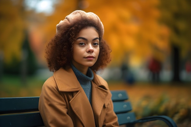 Une femme est assise sur un banc dans un parc portant un béret et un béret.