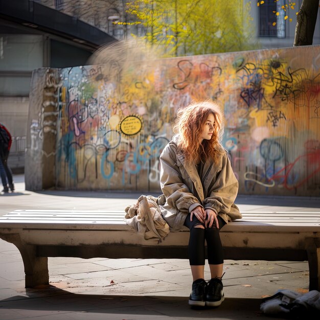 une femme est assise sur un banc avec des graffitis dessus