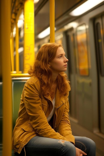 une femme est assise sur un banc de métro