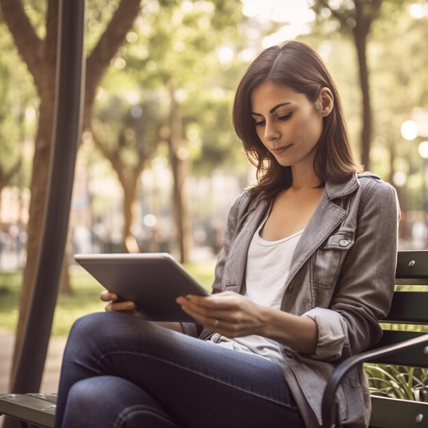 une femme est assise sur un banc de parc à l'aide d'une tablette