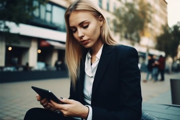 Une femme est assise sur un banc et regarde sa tablette.