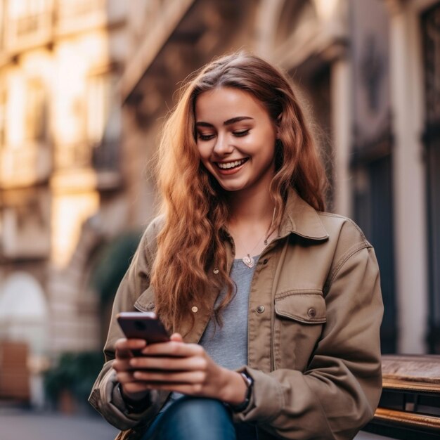 une femme est assise sur un banc et regarde son téléphone