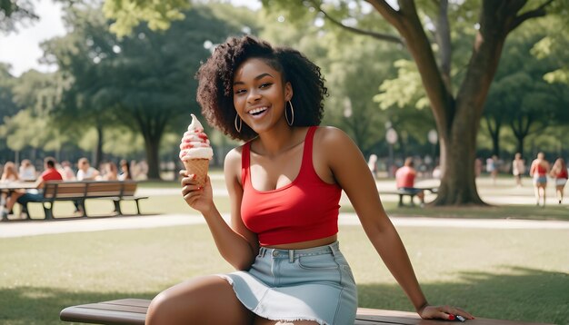 une femme est assise sur un banc et tient un cône de crème glacée se détendant pendant les vacances