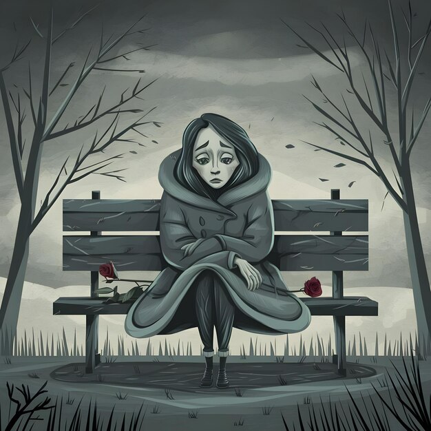 une femme est assise sur un banc avec un visage triste sur ses genoux