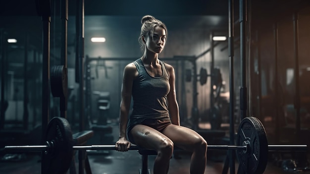 Une femme est assise sur un bar dans une salle de sport sombre, les jambes croisées, sa chemise dit "je ne suis pas une salle de sport"