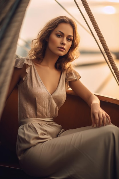 Une femme est assise sur un bateau dans un coucher de soleil doré