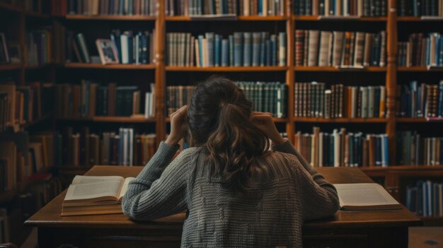 Une femme est assise à un bureau en bois devant un mur d'étagères la tête reposant sur une main comme lit un