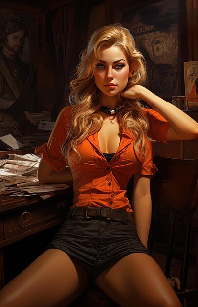 Photo une femme est assise sur un bureau avec une chemise rouge sur le cou