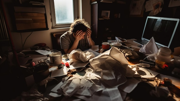 Une femme est assise à un bureau couvert de papiers et a la tête entre les mains.