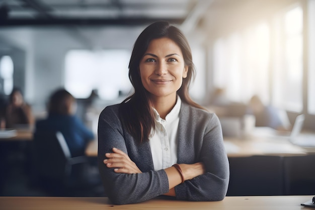 Une femme est assise à un bureau dans un bureau, les bras croisés.