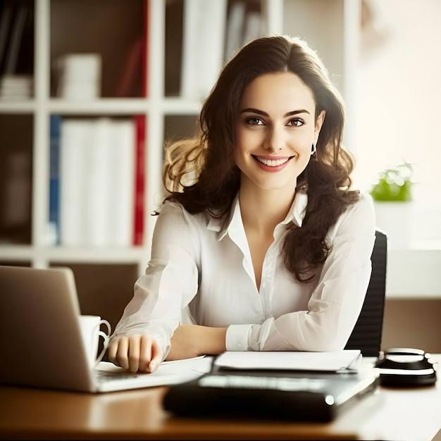 Une femme est assise à un bureau dans un bureau, souriant à la caméra.