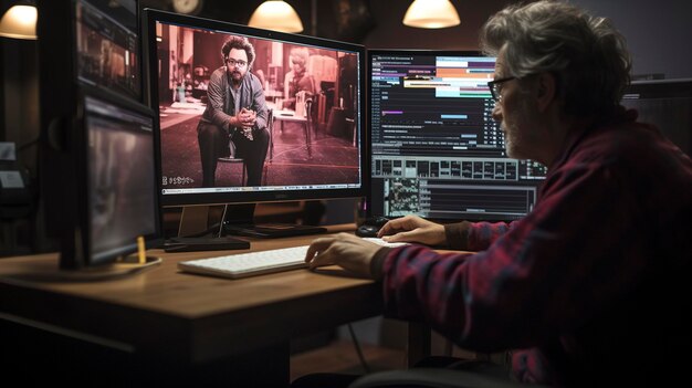 une femme est assise à un bureau avec deux moniteurs