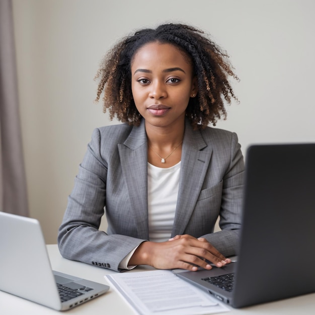 une femme est assise à un bureau avec deux ordinateurs portables