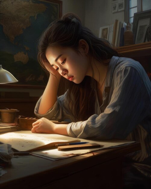 Une femme est assise à un bureau devant une carte qui dit "je suis une fille chinoise"