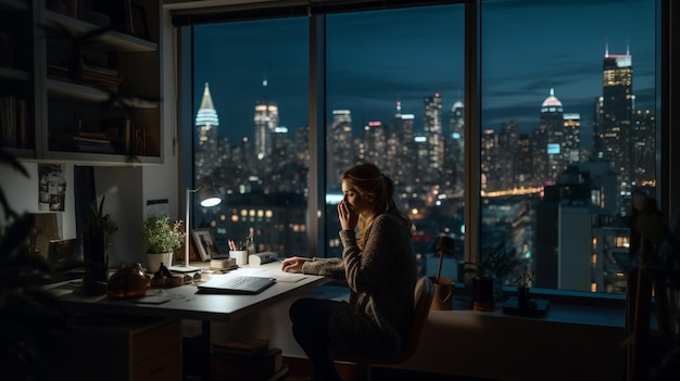 Une femme est assise à un bureau devant une fenêtre avec l'horizon de la ville en arrière-plan.