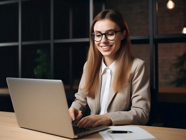 Une femme est assise à un bureau devant un ordinateur portable.