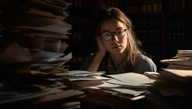 Une femme est assise à un bureau devant une pile de papiers.