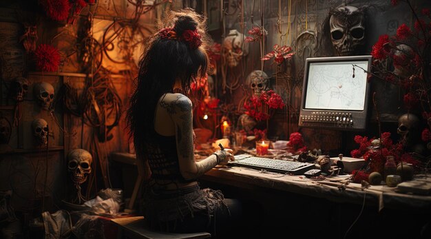 Photo une femme est assise à un bureau avec un ordinateur et un crâne sur l'écran