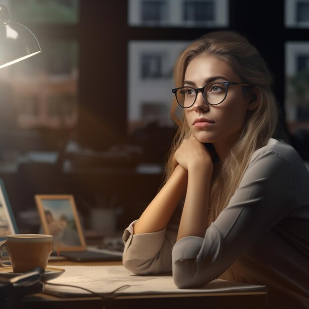 une femme est assise à un bureau avec un ordinateur portable et une lampe derrière elle