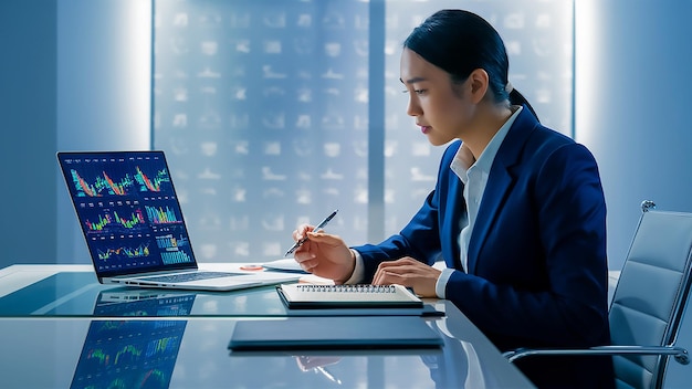 une femme est assise à un bureau avec un ordinateur portable et un livre intitulé citation de l'entreprise citation