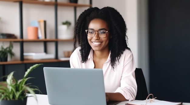 Une femme est assise à un bureau avec un ordinateur portable et un livre sur la table.