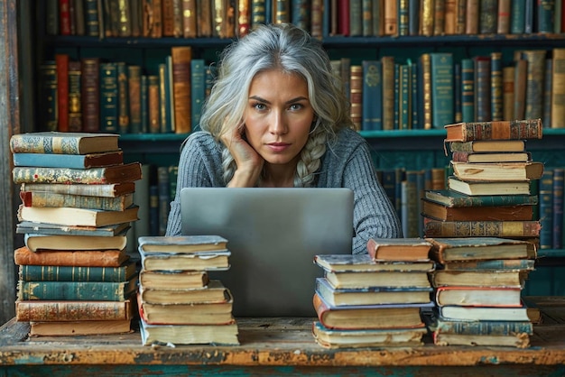 Une femme est assise à un bureau avec un ordinateur portable et des piles de livres