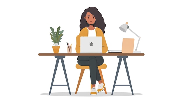 une femme est assise à un bureau avec un ordinateur portable et une plante en pot