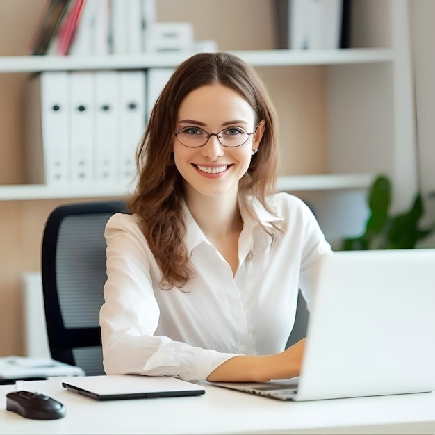 Une femme est assise à un bureau avec un ordinateur portable et une souris.