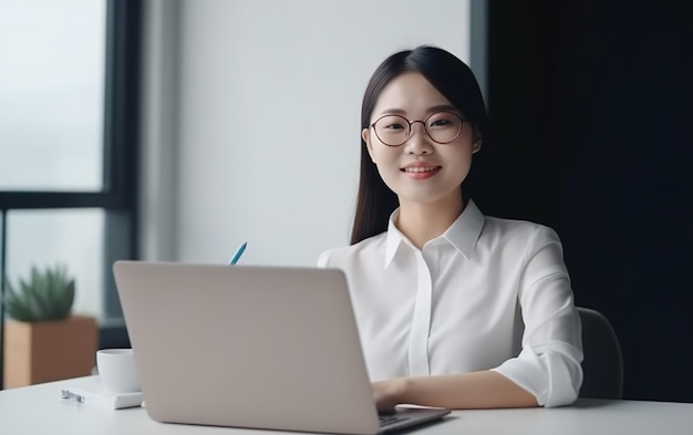 Une femme est assise à un bureau avec un ordinateur portable et sourit.