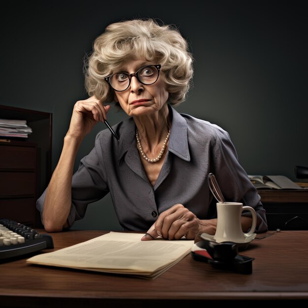 une femme est assise à un bureau avec une tasse de café et un clavier