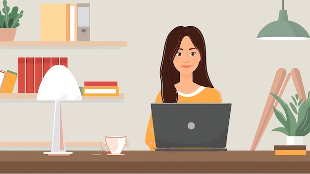 une femme est assise à un bureau avec une tasse de café et un ordinateur portable