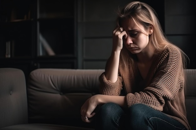 Une femme est assise sur un canapé dans une pièce sombre, sa tête est sur son front.