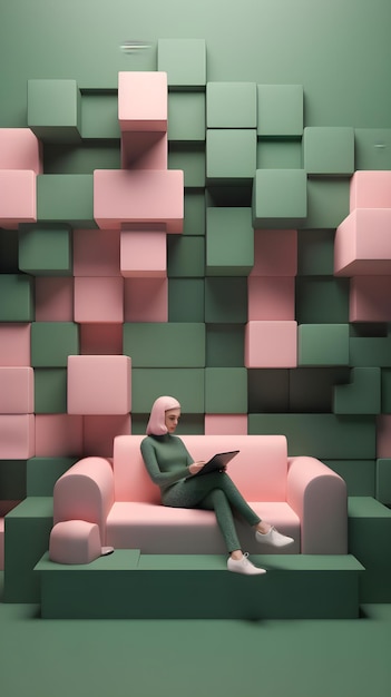 Une femme est assise sur un canapé devant un mur de cubes.