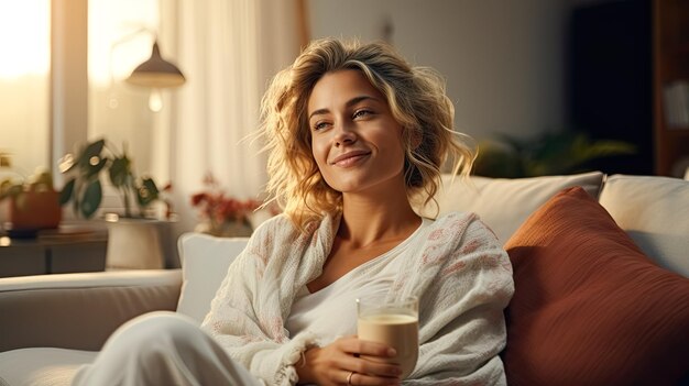 une femme est assise sur le canapé à l'heure d'or désintoxication numérique photo de haute qualité